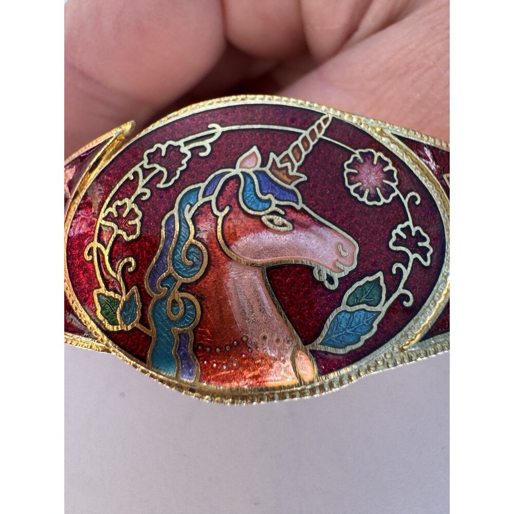 Vintage Unicorn Pink Cloisonne Enamel Cuff Bracelet Gold Tone Clamper Hinged 7"